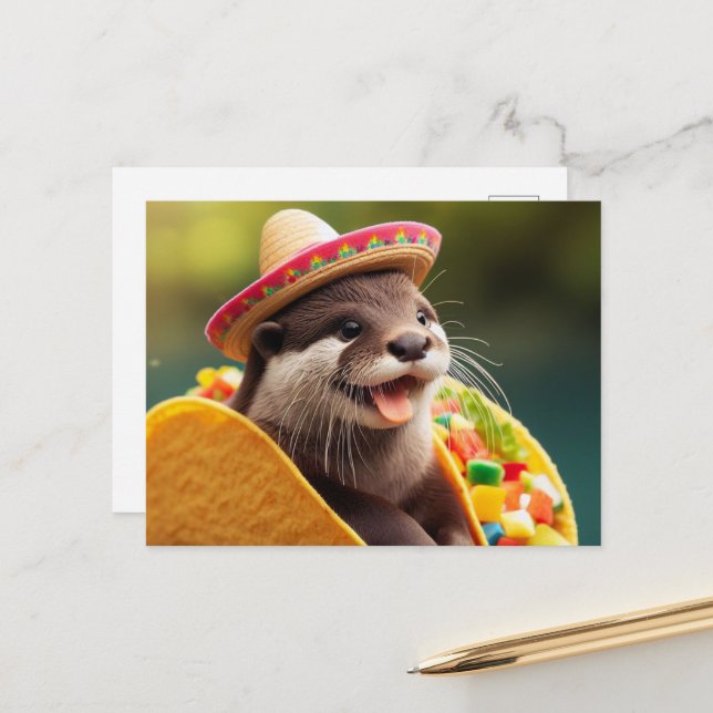 Otter With Tacos Adorable Postcard (Front/Back In Situ)
