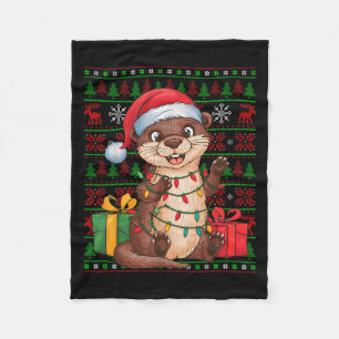 Otter Xmas Lights Ugly Santa Hat Otter Christmas  Fleece Blanket