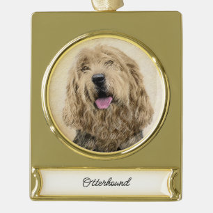 Otterhound Painting - Cute Original Dog Art Gold P Plated Banner Ornament