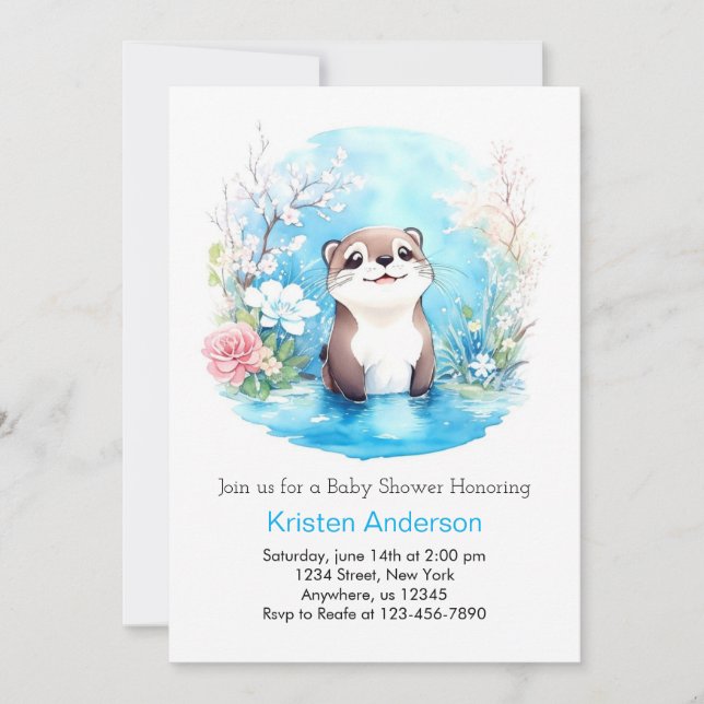 Otterly Whimsical Blue Wildflower Boy Baby Shower Invitation (Front)