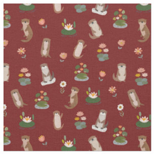 Otters & Lily Pads on Dark Red Fabric