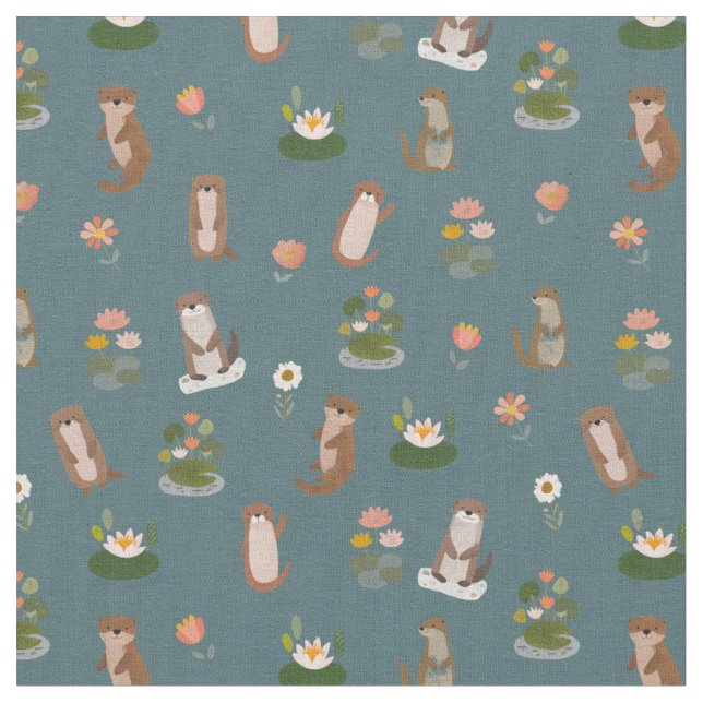 Otters & Lily Pads on Dark Teal Fabric (Close Up)