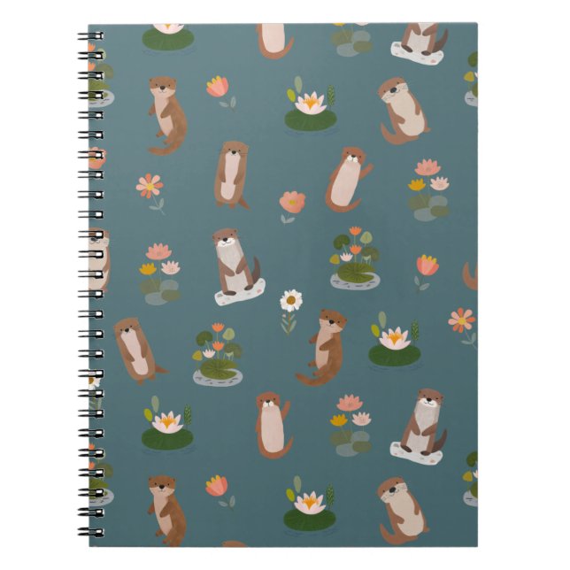 Otters & Lily Pads on Dark Teal Notebook (Front)
