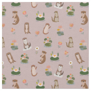 Otters & Lily Pads on Light Gray-Pink Fabric