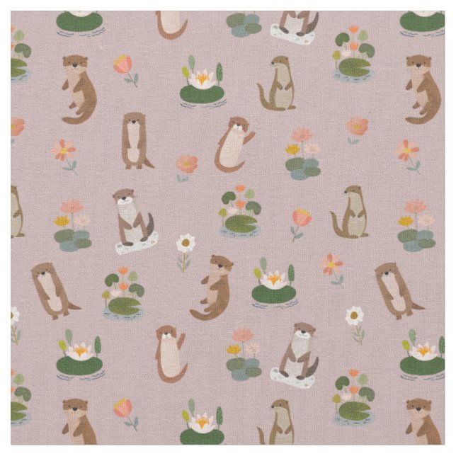 Otters & Lily Pads on Light Gray-Pink Fabric (Close Up)