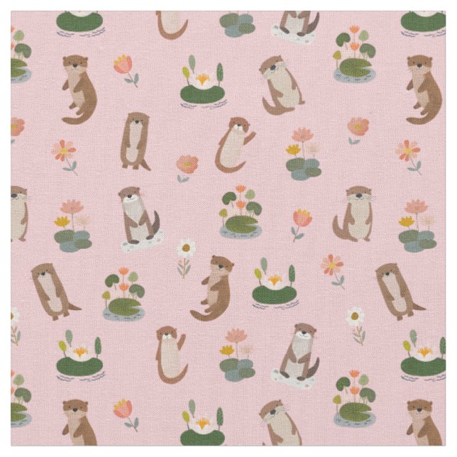 Otters & Lily Pads on Light Pink Fabric (Close Up)