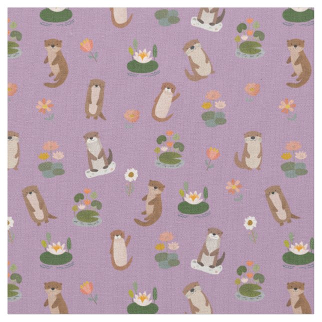 Otters & Lily Pads on Light Purple Fabric (Close Up)
