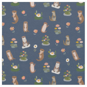 Otters & Lily Pads on Navy Blue Fabric