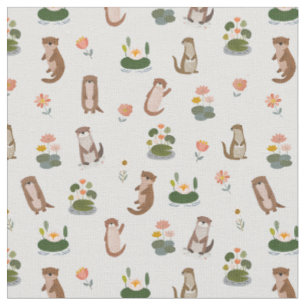 Otters & Lily Pads on Off-White Fabric
