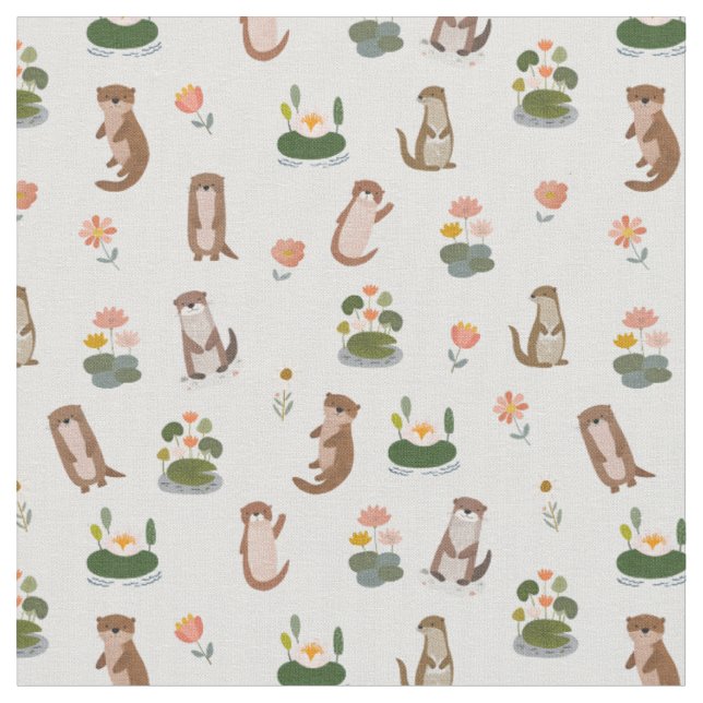 Otters & Lily Pads on Off-White Fabric (Close Up)