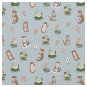Otters & Lily Pads on Pale Gray-Blue Fabric