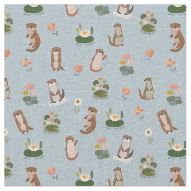 Otters & Lily Pads on Pale Gray-Blue Fabric (Close Up)