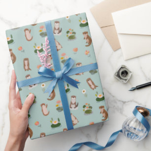 Otters & Lily Pads on Pistachio Green Wrapping Paper
