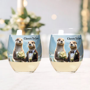 Otters On Their Wedding Day, Cheers To Love Stemless Wine Glass