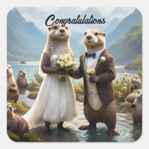 Otters On Their Wedding Day, Wedding Square Sticker