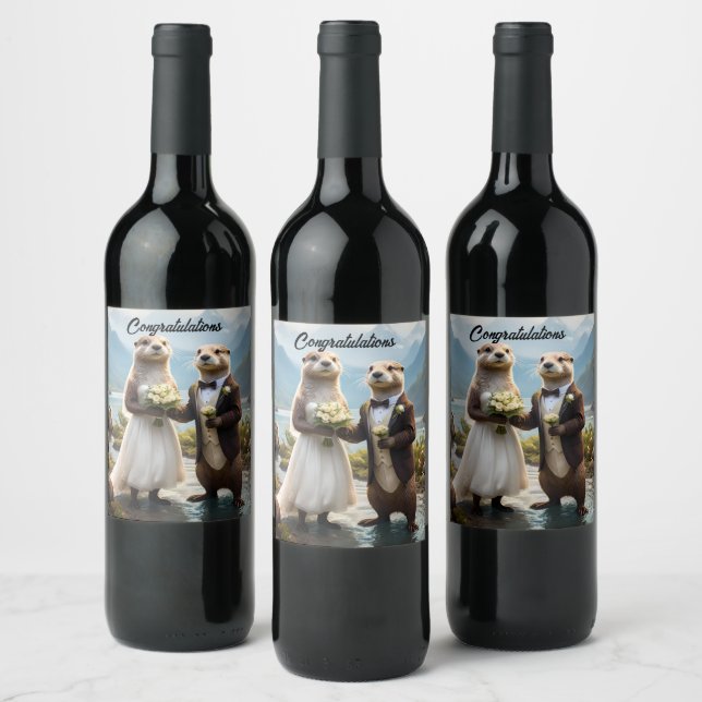 Otters On Their Wedding Day, Wedding Wine Label (Bottles)