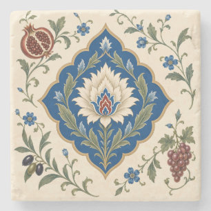 Ottoman Iznik Floral Blue Botanical Pomegranate Stone Coaster