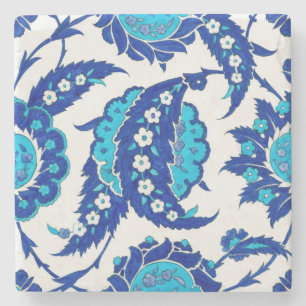 Ottoman Iznik Saz Leaf Floral Coaster Turkish Bl