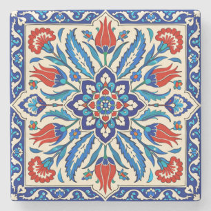 Ottoman Style Blue Red Tulip Pattern Stone Coaster