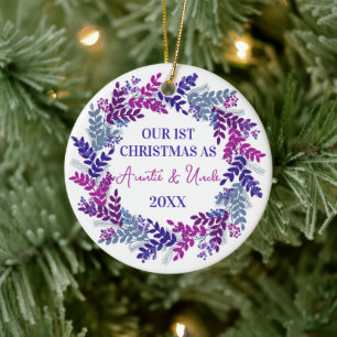 Ou First Christmas as Auntie & Uncle Purple Wreath Ceramic Tree Decoration