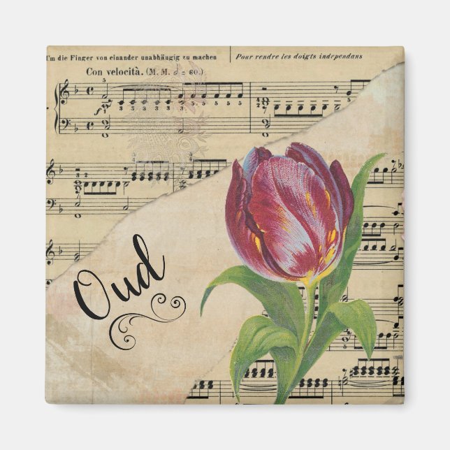 Oud Elegant Tulip Vintage Sheet Music Magnet (Front)