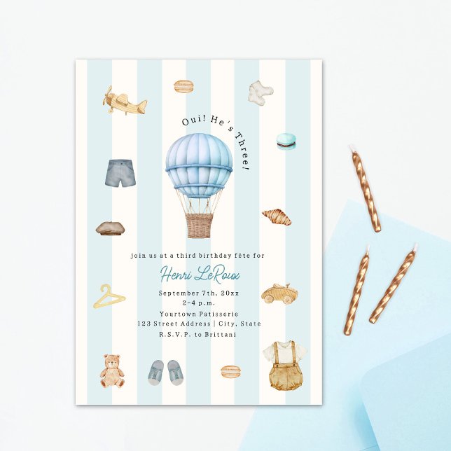 Oui He's Three Paris French Birthday Invitation (Creator Uploaded)