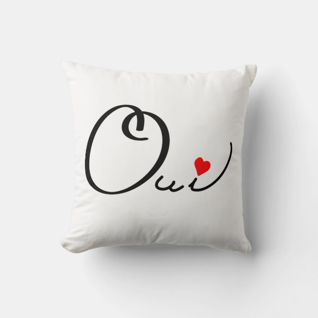 Oui Yes French Script White Red Heart Typography Cushion (Front)
