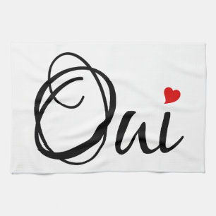 Oui, yes, French word art with red heart Tea Towel