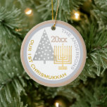 Our 1st Chrismukkah Tree Menorah Keepsake Photo Ceramic Tree Decoration<br><div class="desc">Personalize this chic OUR 1ST CHRISMUKKAH ornament with your name, year and photo for a one of a kind family keepsake. From the gold tone Hanukkah menorah to the silver tone Christmas tree, this white, silvery gray and warm toasted almond tan ornament will commemorate your first blended holiday. Upload your...</div>