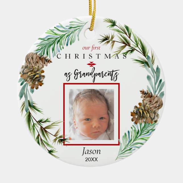 Our 1st Christmas As Grandparents Child Name Photo Ceramic Tree Decoration (Front)