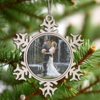 Our 1st Christmas as Mr and Mrs Wedding Photo Snowflake Pewter Christmas Ornament