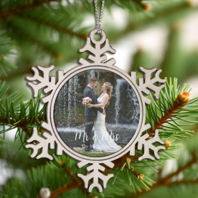 Our 1st Christmas as Mr and Mrs Wedding Photo Snowflake Pewter Christmas Ornament (Creator Uploaded)