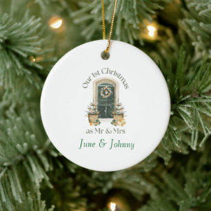 Our 1st Christmas as Mr & Mrs Green Wintery Door Ceramic Tree Decoration
