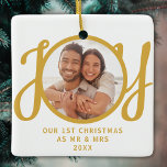 Our 1st Christmas As Mr & Mrs Photo Gold Keepsake<br><div class="desc">This keepsake First Christmas As Mr & Mrs photo ornament is decorated with the word JOY in stylish gold script typography. Easily customisable.</div>
