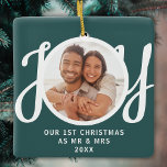 Our 1st Christmas As Mr & Mrs Photo Green Keepsake Ceramic Ornament<br><div class="desc">This keepsake First Christmas As Mr & Mrs photo ornament is decorated with the word JOY in stylish script typography on a green background. Easily customisable.</div>