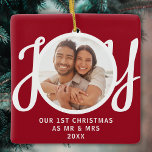 Our 1st Christmas As Mr & Mrs Photo Red Keepsake<br><div class="desc">This keepsake First Christmas As Mr & Mrs photo ornament is decorated with the word JOY in stylish script typography on a red background. Easily customisable.</div>