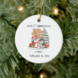 Our 1st Christmas as Three Winter Penquins Scene Ceramic Tree Decoration