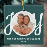 Our 1st Christmas Engaged Photo Green Keepsake<br><div class="desc">This keepsake First Christmas Engaged photo ornament is decorated with the word JOY in stylish script typography on a green background. Easily customisable.</div>