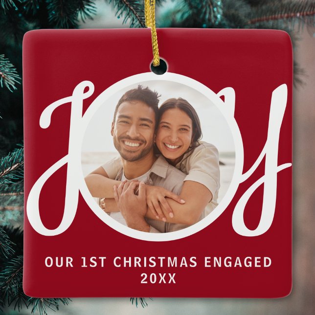 Our 1st Christmas Engaged Photo Red Keepsake Ceramic Ornament (Creator Uploaded)