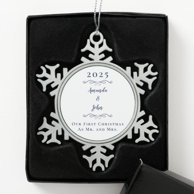 Our 1st Christmas Mr & Mrs Names Year Elegant Blue Snowflake Pewter Christmas Ornament (Box)