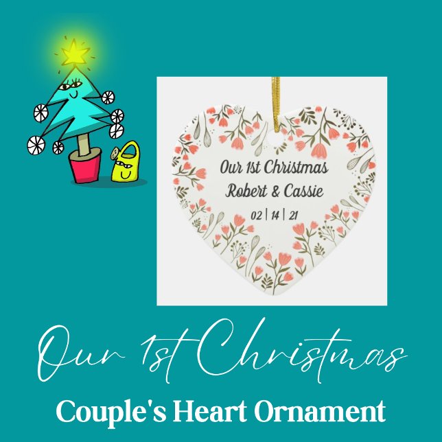 Our 1st Christmas Personalised Wedding Ceramic Tree Decoration (Personalized Couple's Heart Ornament)