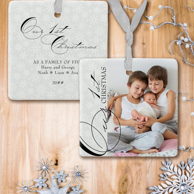 Our 1st Christmas Script Vertical Photo Snowflake Ceramic Ornament (Creator Uploaded)