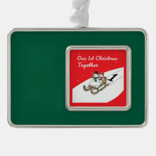 Our 1st Christmas Together   Cute Snowman Couple  Silver Plated Framed Ornament