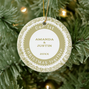 Our 1st Christmas together Gold Wreath on white - Ceramic Tree Decoration