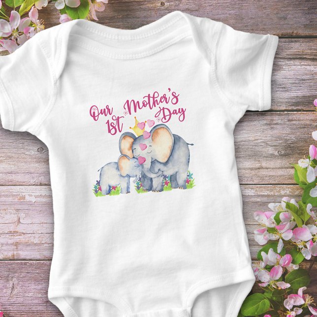Our 1st Mothers Day Cute Mum and Baby Elephant Bodysuit (First Mother's Day baby girl bodysuit with cute mommy and baby elephants)