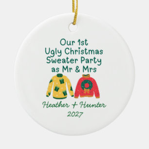 Our 1st Ugly Christmas Sweater Party as Mr & Mrs Ceramic Tree Decoration