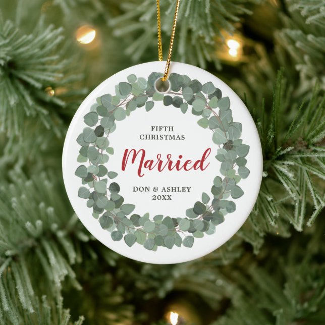 Our 5th Christmas Married Personalised Sage Green Ceramic Tree Decoration (Tree)