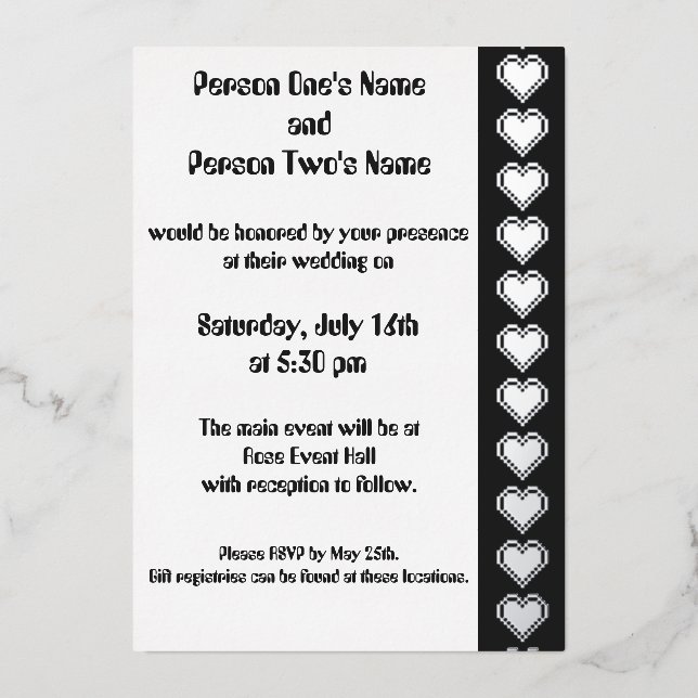Our 8-Bit Hearts in Black Foil Invitation (Front)
