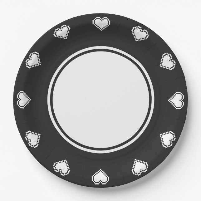 Our 8-Bit Hearts in Black Paper Plate (Front)