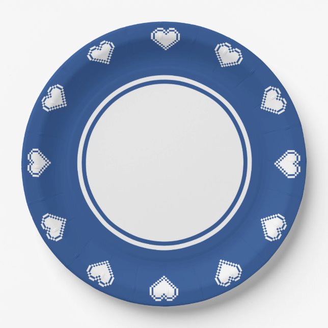 Our 8-Bit Hearts in Blue Paper Plate (Front)
